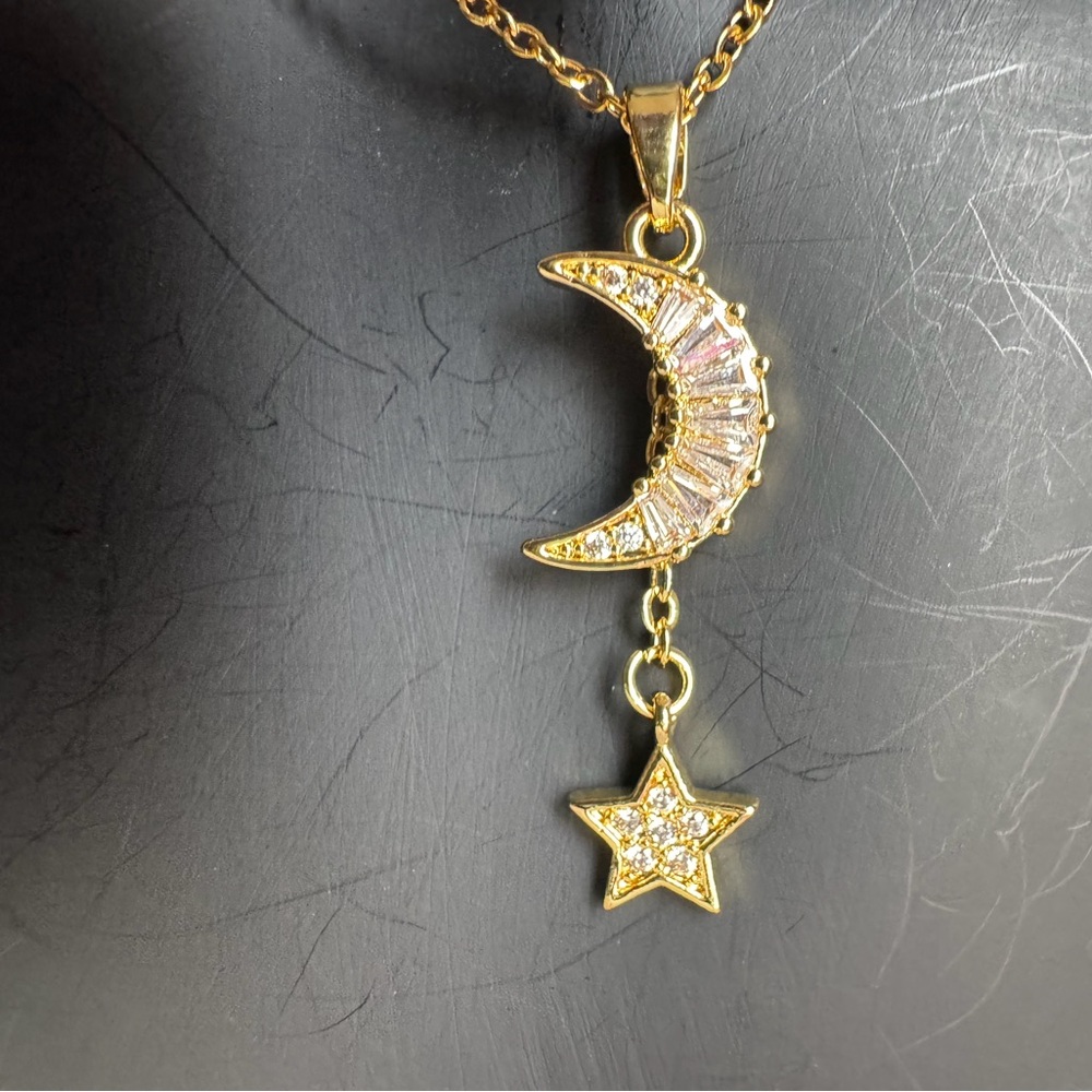 Gold Stainless Steel Moon and Star Pendant Necklace